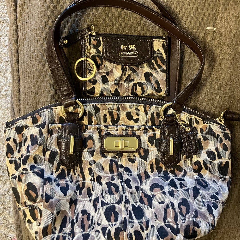 Coach Y2K Brown and Tan Leopard Print Shoulder Bag with matching wallet.
